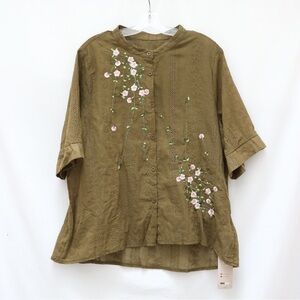 NWT Emery Rose Khaki Olive Green Embroidered Peasant Top Bohemian Blouse 2XL new
